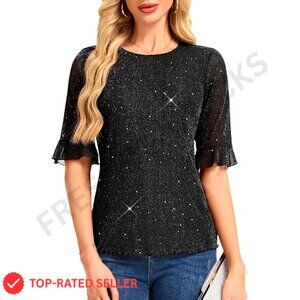 Sparkle Mesh Blouse 3/4 Bell Sleeves Elegant Evening Party Top Chic